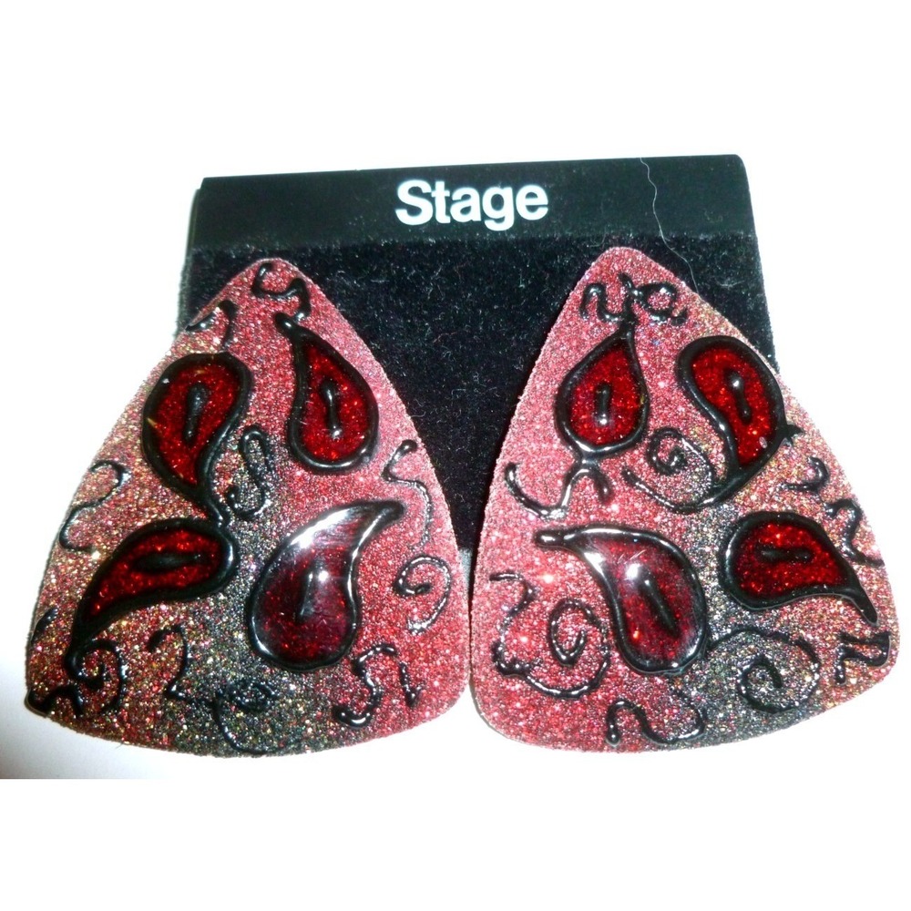 Vintage Stage Red Black Glitter Paisley Triangle Clip On Statement Earrings
